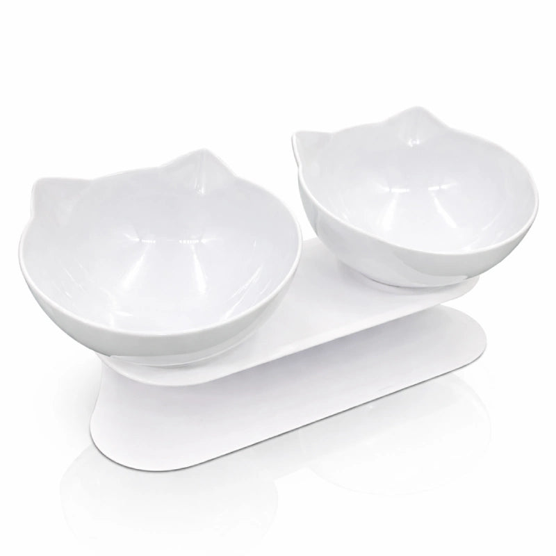Double gamelle pour chat - Gaville : avec deux bols blancs ivoire sur support blanc - AstuceChat