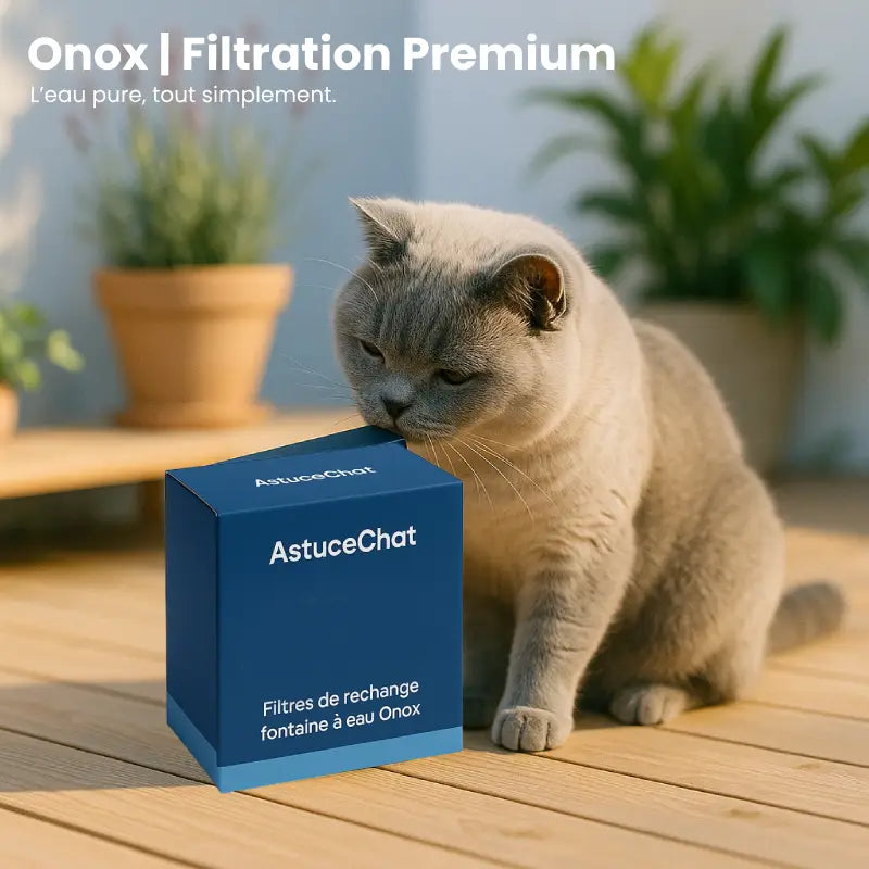 Filtre fontaine eau chats - Onox : filtration premium, chat shorhair sent la boite