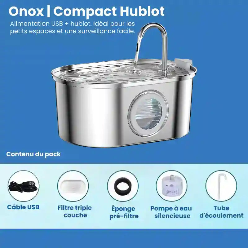 Fontaine a eau pour chat inox - Onox : compact hublot USB