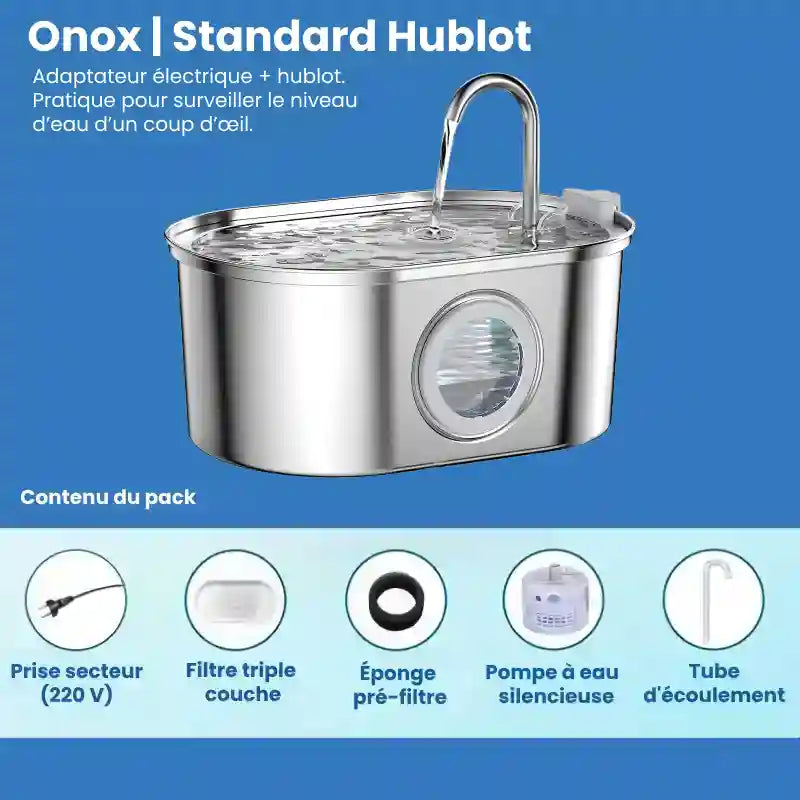 Fontaine a eau pour chat inox - Onox : modèle standard hublot secteur