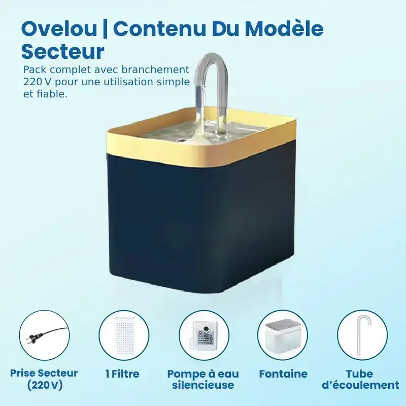 Fontaine eau chat - Ovelou : pack secteur Bleu Minuit & Crème Féline