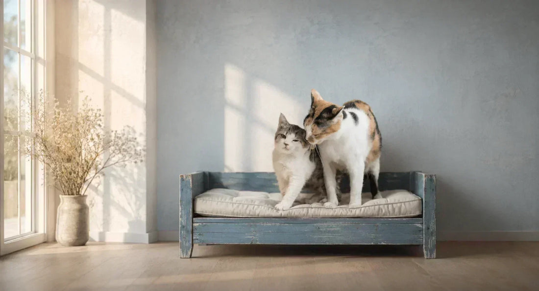 Sevrage chaton – mère et chaton installés sur un banc bleu avec coussin dans un intérieur lumineux et premium – AstuceChat