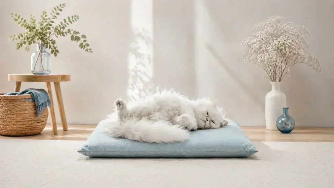 Chat blanc - chat endormi sur un coussin bleu dans son foyer - AstuceChat