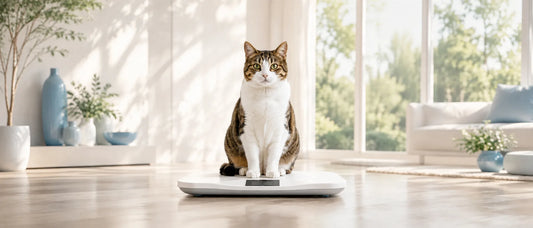 Poids chat - chat assis sur une balance dans un intérieur lumineux - AstuceChat