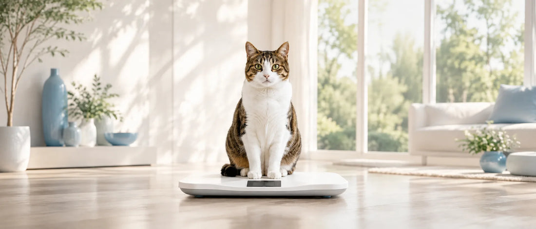 Poids chat - chat assis sur une balance dans un intérieur lumineux - AstuceChat