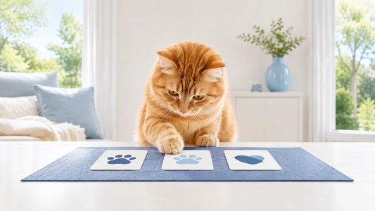 Quiz chat : chat roux choisissant une carte de réponse pendant le quiz - AstuceChat