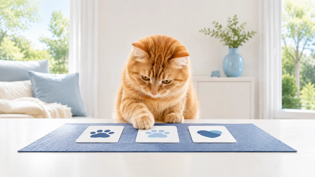 Quiz chat : chat roux choisissant une carte de réponse pendant le quiz - AstuceChat