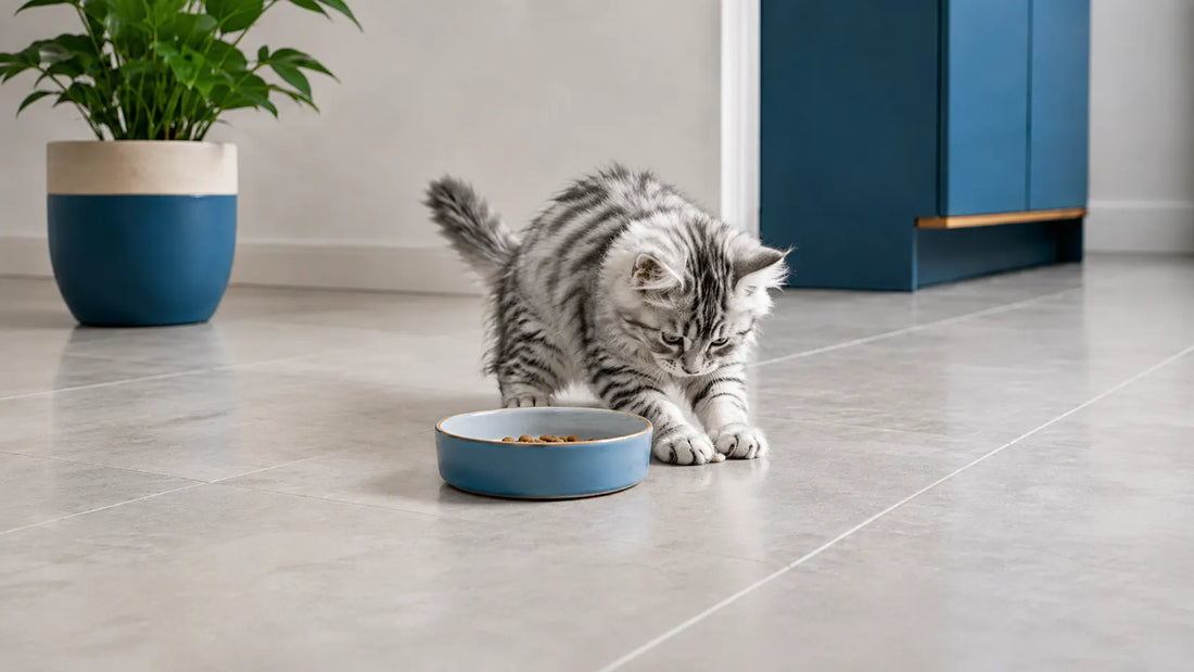 Mon chaton gratte autour de sa gamelle - chaton gris Maine Coon - AstuceChat