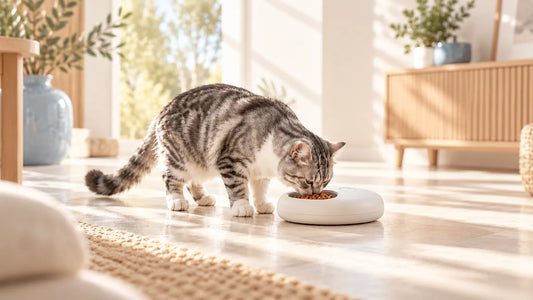 Gamelle automatique chat - chat tigré devant une gamelle automatique ronde dans un intérieur lumineux - AstuceChat