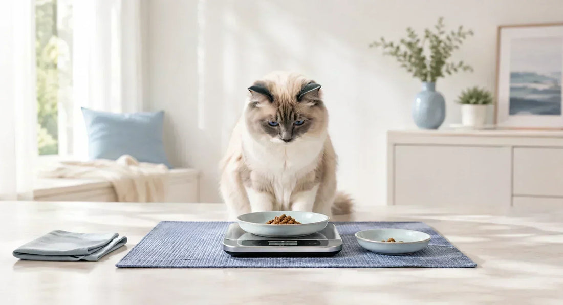 Calcul calories chat : chat regardant une portion de croquettes pesée sur une balance - AstuceChat