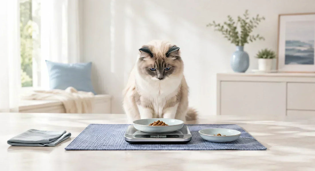 Calcul calories chat : chat regardant une portion de croquettes pesée sur une balance - AstuceChat