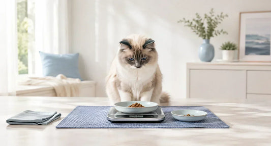 Calcul calories chat : chat regardant une portion de croquettes pesée sur une balance - AstuceChat