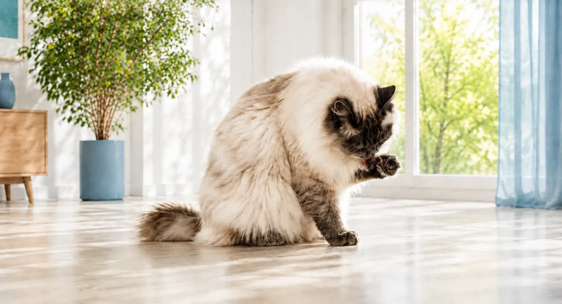 Chat sibérien - Neva Masquerade se léchant la patte - AstuceChat