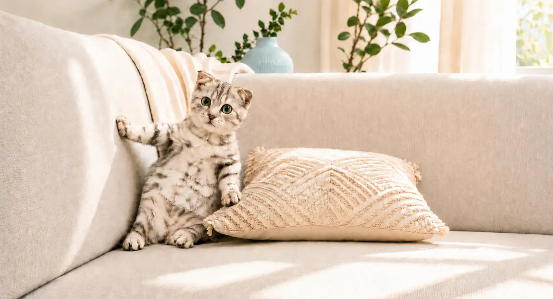 Comment s’occuper d’un chaton – jeune Scottish Fold installé sur un canapé avec coussin bleu dans un intérieur lumineux – AstuceChat