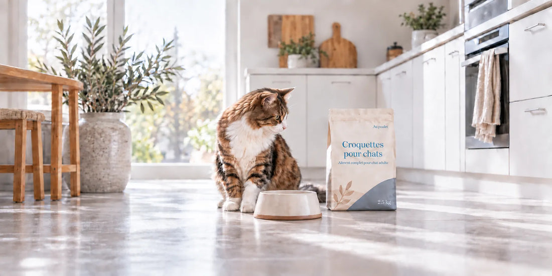 Croquette chat : chat tigré et blanc près d’une gamelle de croquettes et d’un sac d’aliment complet pour chat adulte - AstuceChat