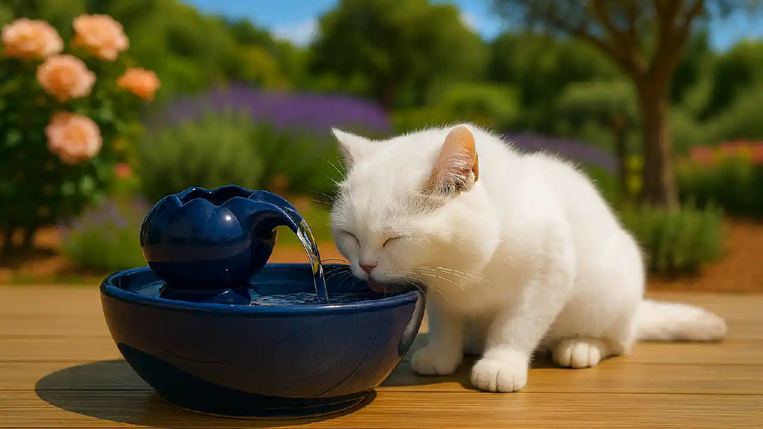 Fontaine a chat - fontaine chat ceramique bleue et chaton blanc