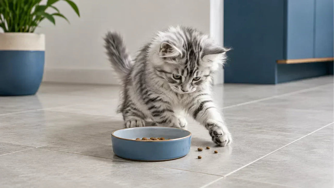 Mon chaton gratte autour de sa gamelle - chaton gris Maine Coon - AstuceChat