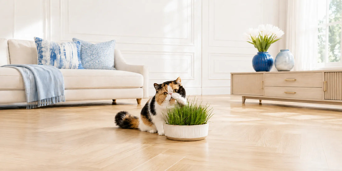 Pourquoi les chats mangent de l’herbe : chat exotic shorthair devant une herbe à chat en intérieur - AstuceChat