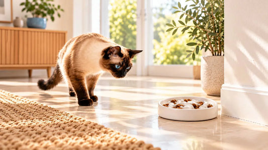 Quelle gamelle anti glouton chat - siamois observant une gamelle anti-glouton pour chat avec reliefs et croquettes – AstuceChat
