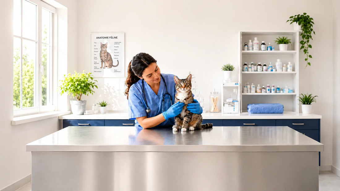 Veterinaire chat : examen clinique avec chat tigré en bannière - AstuceChat"