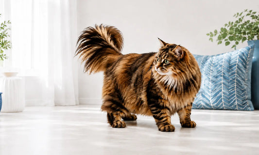 Chat norvégien – tigré brun debout dans un intérieur lumineux avec coussin bleu – AstuceChat