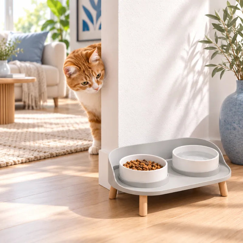 Gamelle double chat : chat roux observant une double gamelle surélevée avec croquettes et eau dans un intérieur premium lumineux - AstuceChat