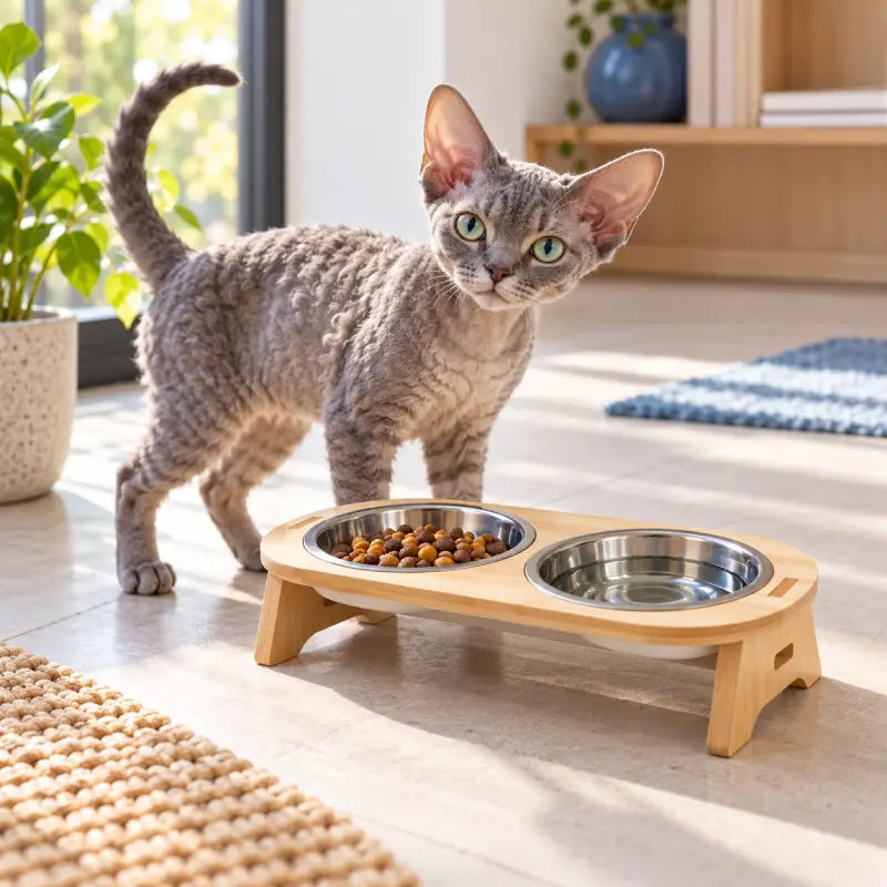 Gamelle bois chat : Devon Rex gris près d’une double gamelle sur support bois, avec croquettes et eau dans un intérieur lumineux - AstuceChat