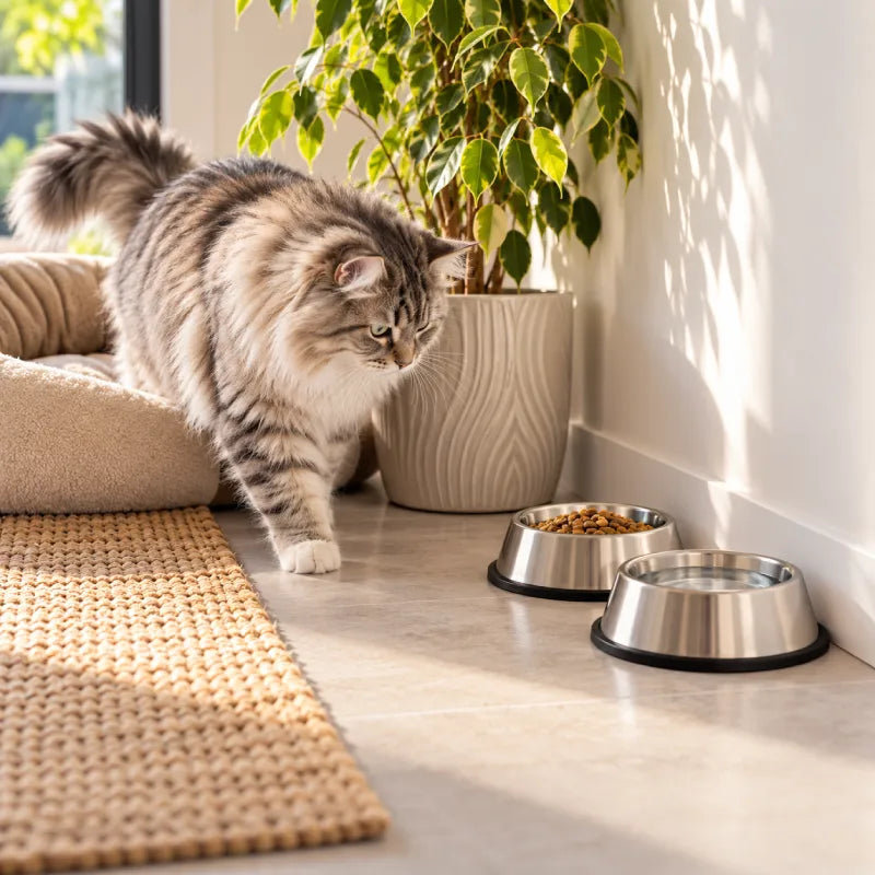 Gamelle inox chat : Sibérien près de deux gamelles en inox avec croquettes et eau dans un coin repas premium et lumineux - AstuceChat