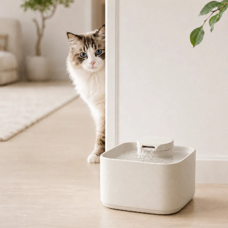 Fontaine a eau chat ceramique : bannière lifestyle avec chat derrière un mur et fontaine en céramique - AstuceChat