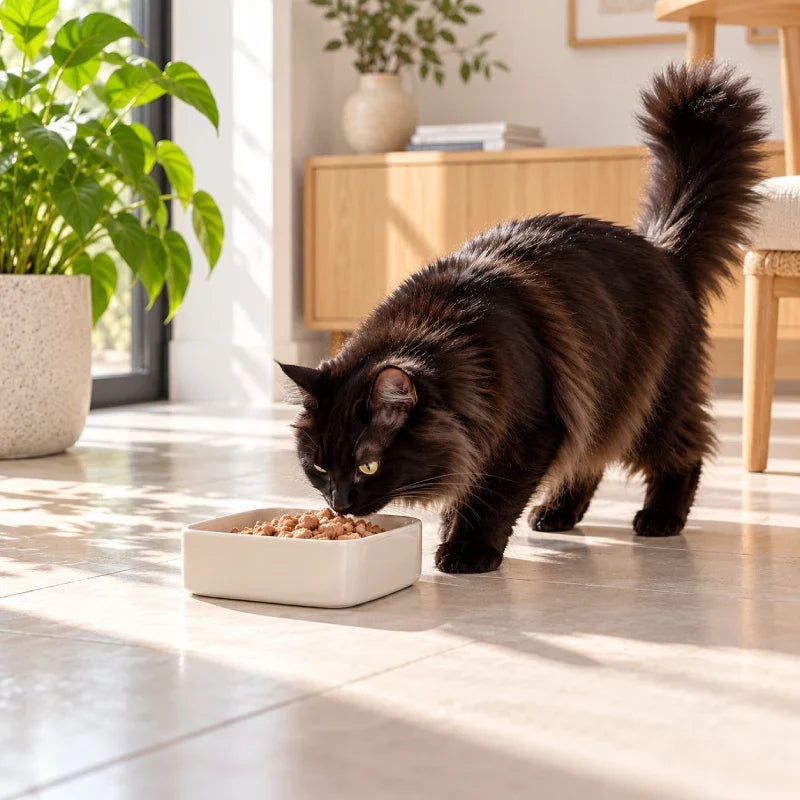 Gamelle ceramique chat avec chat noir mangeant dans une gamelle carrée en céramique remplie de pâtée dans un intérieur lumineux - AstuceChat