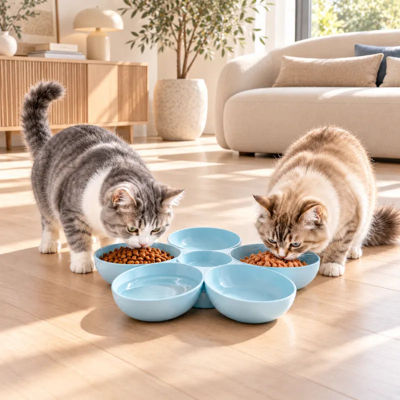Gamelle autres matériaux chat : deux chats adultes autour d’une gamelle fleur bleue avec eau, croquettes et pâtée dans un intérieur lumineux - AstuceChat