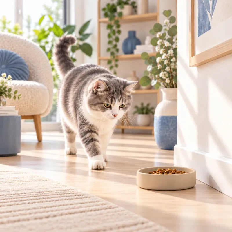 Gamelle silicone chat : chat gris et blanc s’approchant d’une gamelle beige remplie de croquettes dans un intérieur lumineux - AstuceChat