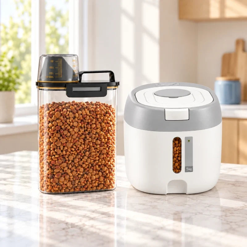 Boite croquette chat : boîte Stora et conteneur Stova dans une cuisine lumineuse - AstuceChat
