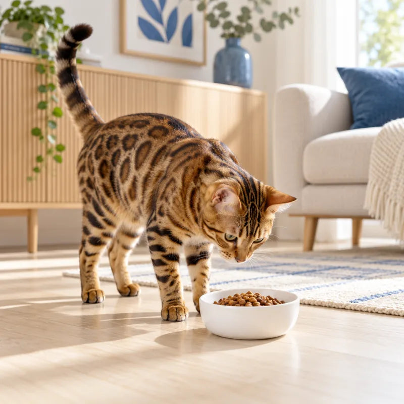 Bol chat : Bengal observant un bol blanc rempli de croquettes dans un intérieur lumineux et premium - AstuceChat