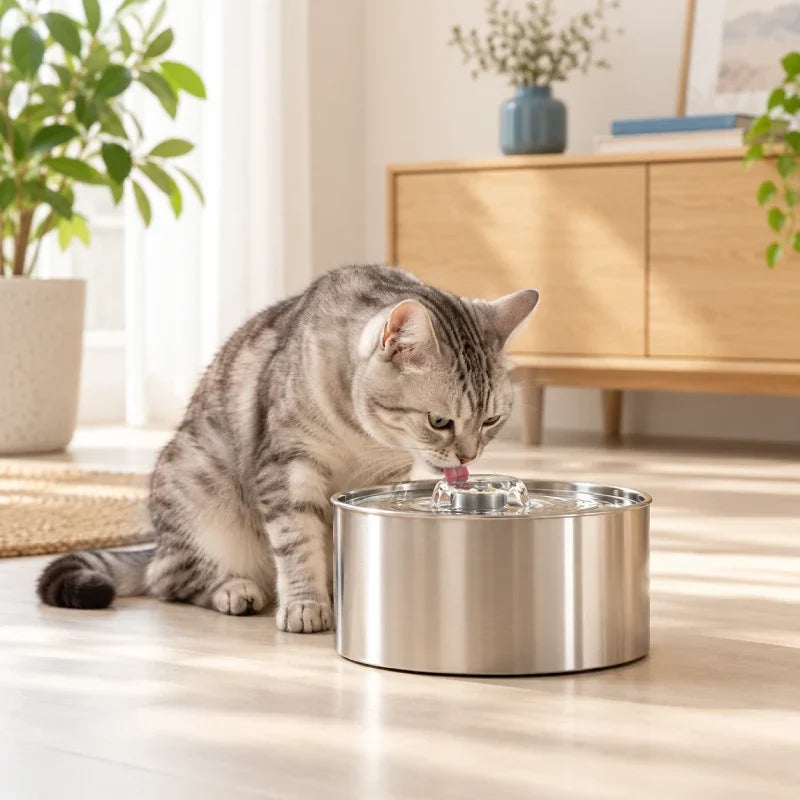 Fontaine a eau chat inox - chat gris buvant dans une fontaine en inox - AstuceChat