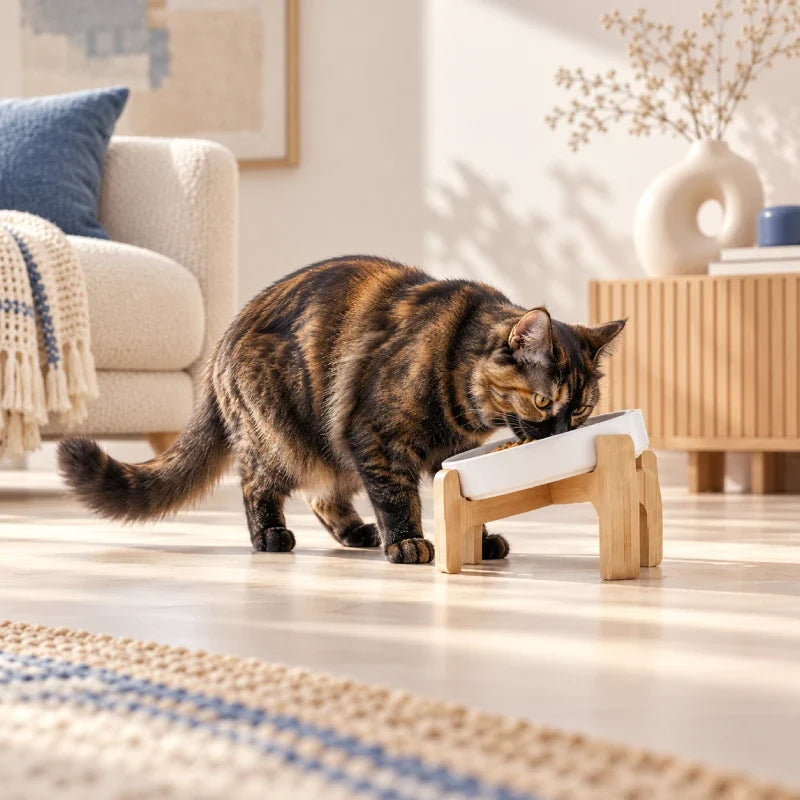 Gamelle chat inclinée - bannière carrée avec chat et gamelle inclinée dans un décor intérieur doux - AstuceChat