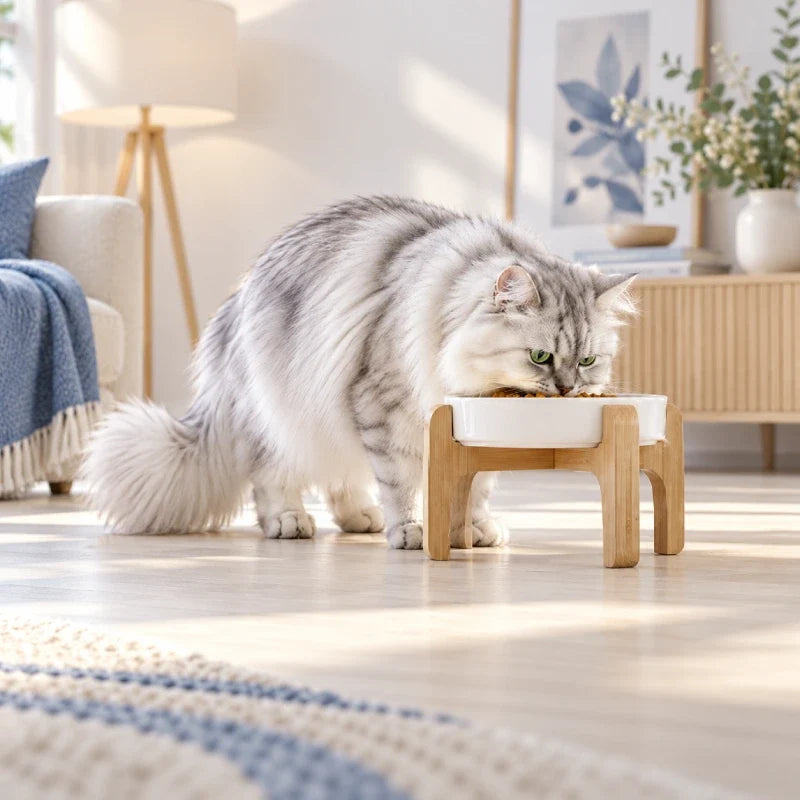Gamelle surélevée chat - bannière carrée avec chat et gamelle surélevée dans un décor intérieur doux - AstuceChat