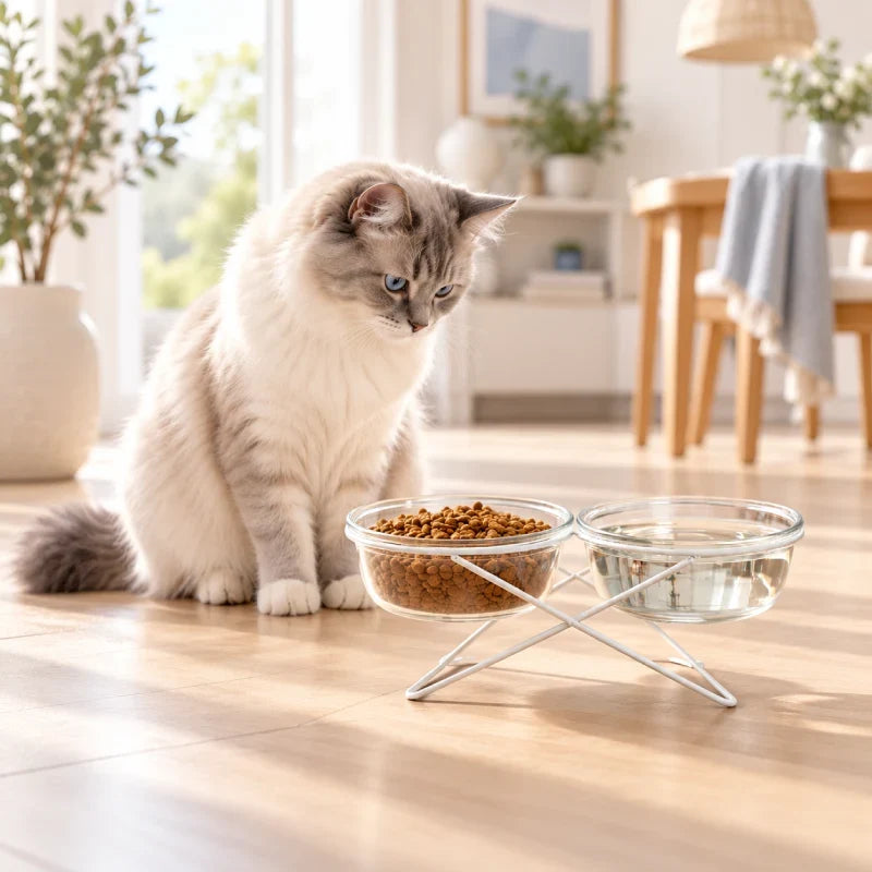 Gamelle verre chat : chat clair à proximité d’une double gamelle en verre surélevée, avec croquettes et eau dans un intérieur lumineux - AstuceChat