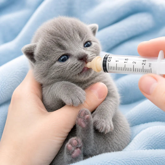 Biberon chaton nouveau né - Nelvia : British Shorthair chaton gris avec seringue adaptée - AstuceChat
