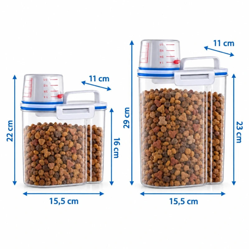 Boite à croquettes chat - Stora : dimensions des deux formats, base de 15,5 × 11 cm et hauteurs de 22 et 29 cm avec doseur - AstuceChat