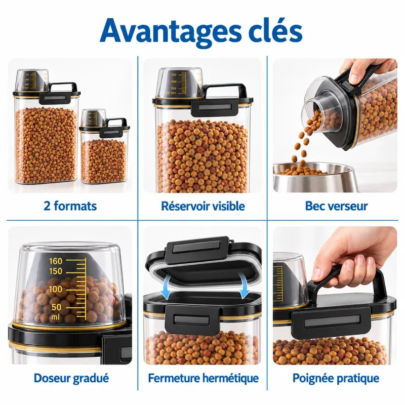 Boite à croquettes chat - Stora : deux formats, réservoir visible, bec verseur, doseur gradué, fermeture hermétique et poignée - AstuceChat