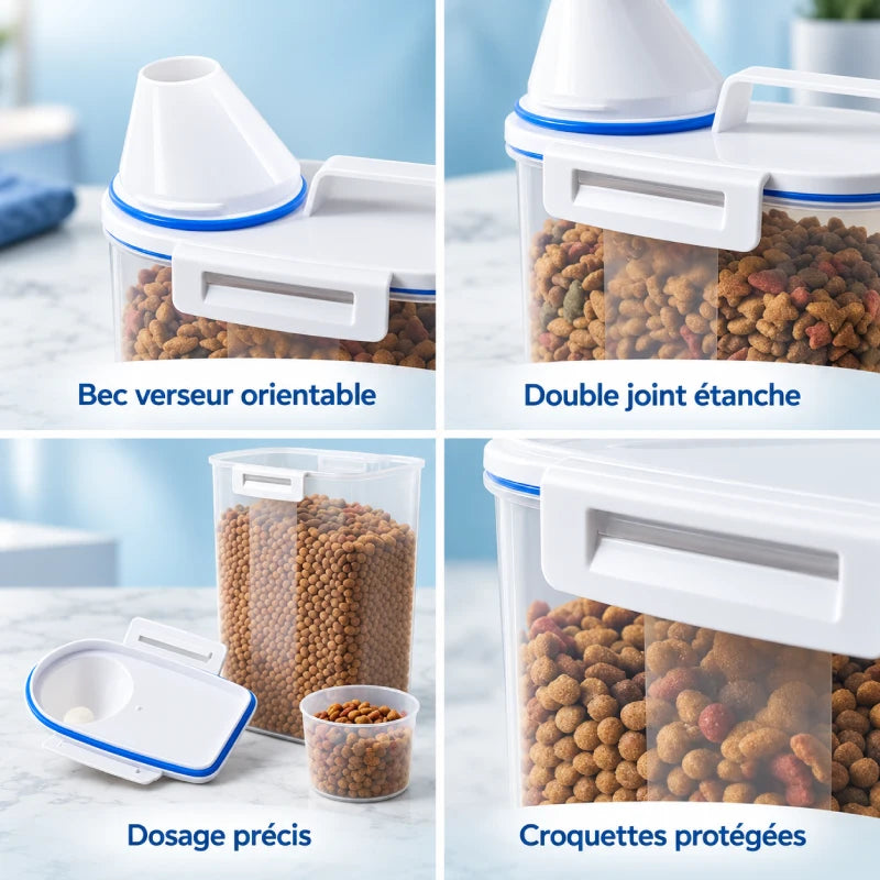 Boite à croquettes chat - Stora : présentation du bec verseur, des joints, du doseur et de la fermeture - AstuceChat