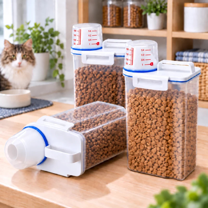 Boite à croquettes chat - Stora : trois boîtes blanches remplies de croquettes, deux debout et une couchée - AstuceChat