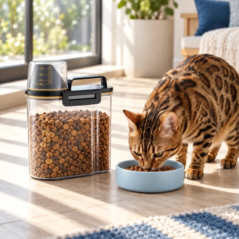 Boite à croquettes chat - Stora : modèle noir rempli de croquettes près d’un Bengal qui mange dans sa gamelle - AstuceChat