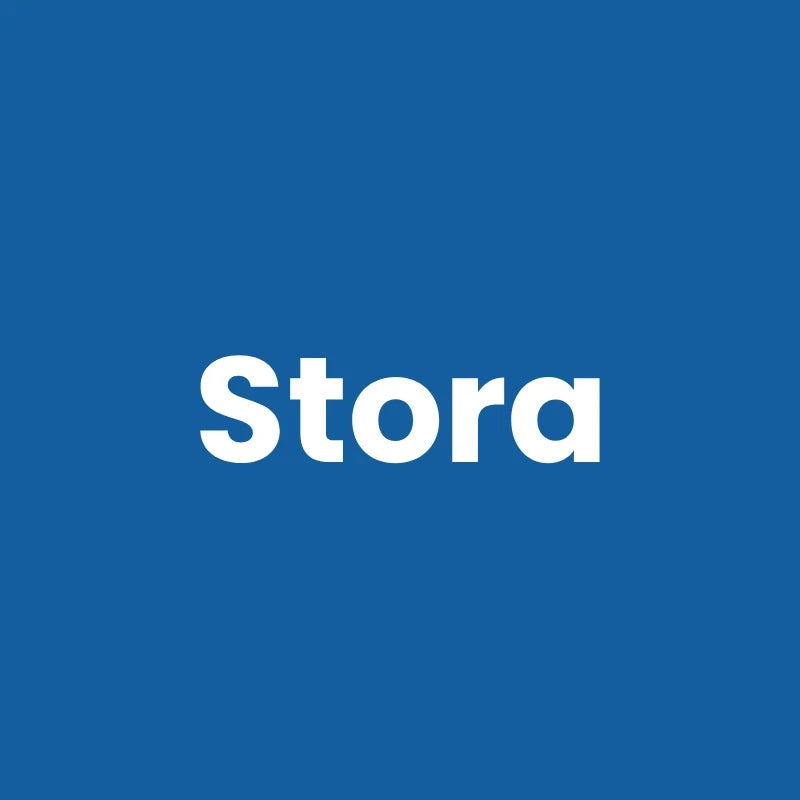 Boite à croquettes chat - Stora : nom du produit en lettres blanches sur fond bleu - AstuceChat