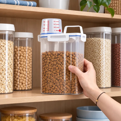 Boite à croquettes chat - Stora : rangement du modèle blanc sur une étagère de placard - AstuceChat