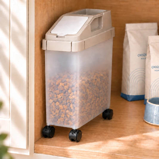 Boite à croquettes pour chat - Stavio : modèle Beige / Translucide sur roulettes, contenant des croquettes et rangé contre la paroi d’un placard de cuisine - AstuceChat