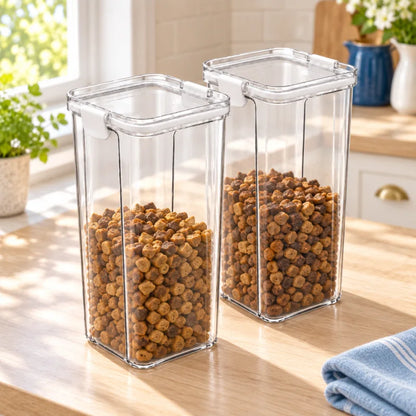 Boite croquettes chat - Stizi : duo blanc contenant des croquettes de tailles et de couleurs variées, sur le plan de travail d’une cuisine lumineuse - AstuceChat