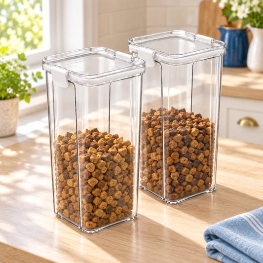 Boite croquettes chat - Stizi : duo blanc contenant des croquettes de tailles et de couleurs variées, sur le plan de travail d’une cuisine lumineuse - AstuceChat