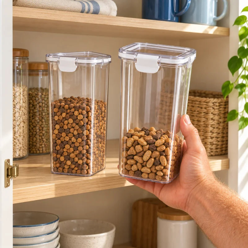 Boite croquettes chat - Stizi : duo blanc contenant des croquettes à des niveaux différents, avec une boîte sur l’étagère du placard et l’autre tenue par une main - AstuceChat